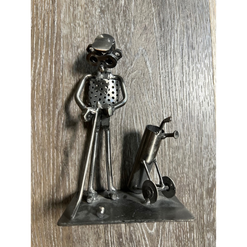 Metal Nut Bolt Golfer Figurine OS Silver Excellent Industrial Art